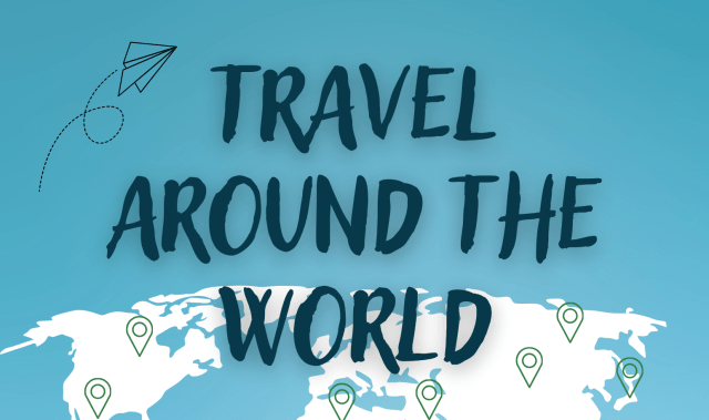 "Travel Around the World" with a map graphic background